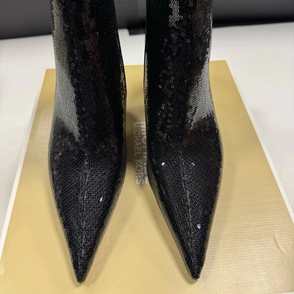 Michael Kors Luna Booties Black Sequin 6M Pointed Toe Galvanized Heel MSRP $225 - Picture 2 of 6